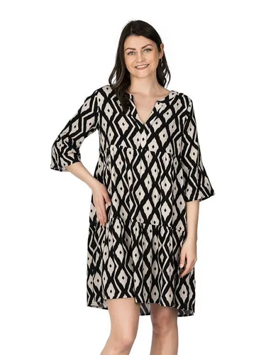 DENIMFY Sommerkleid DFFrida A-Linie 3/4 Arm - Modisches Freizeitkleid aus 100% Viskose mit V-Ausschnitt, ideal für den Sommer. Erhältlich in L/XL und in stilvollem Beige/Schwarz.