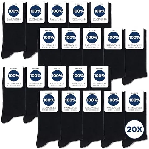 Occulto Herren Socken 20 Paar (Modell: Ingo) Schwarz 47-50 - Hochwertige Herren Socken aus 100% Baumwolle im praktischen 20er Pack. Atmungsaktiv, hautfreundlich und mit flachen Nähten für maximalen Tragekomfort. Ideal für Business und Freizeit.