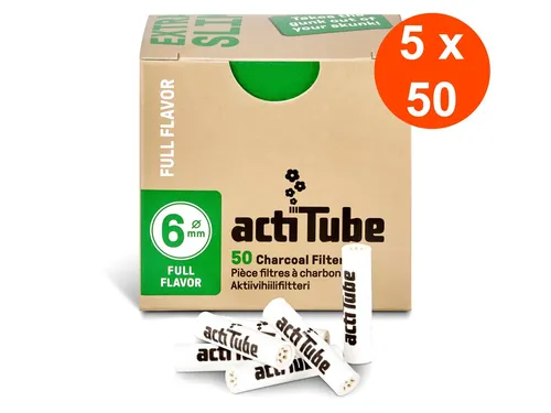 actiTube 5 x 50 Filter Aktivkohle EXTRA SLIM 6mm | 5 Boxen = 250 Drehfilter