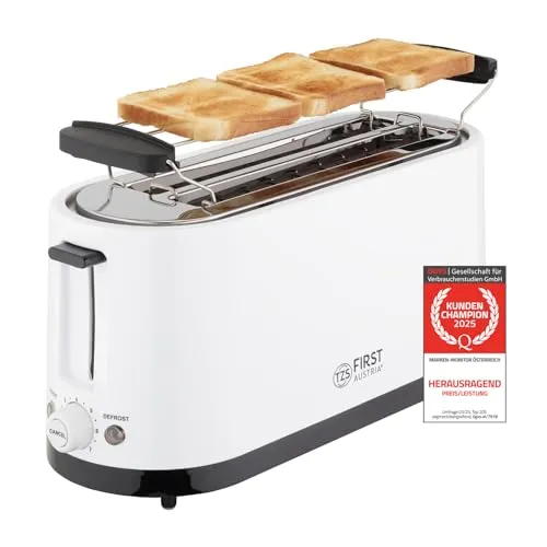 TZS First Austria Toaster - 4-Scheiben Langschlitz-Toaster, 1400W mit Krümelschublade und Brötchenaufsatz, effizient und ideal für große Brotscheiben