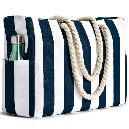 oscaurt Strandtasche, Badetasche Wasserdicht Streifen Strandtasche mit Reißverschluss mit Nasstaschee Grosse Strandtasche für Damen