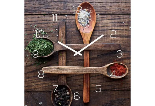 Levandeo® Wanduhr 30x30cm - Küchenuhr mit Gewürzen - Wanduhren aus Glas, 30x30cm, mit dekorativen Gewürzmotiven – ideal für Ihre Küche und ein echter Blickfang!