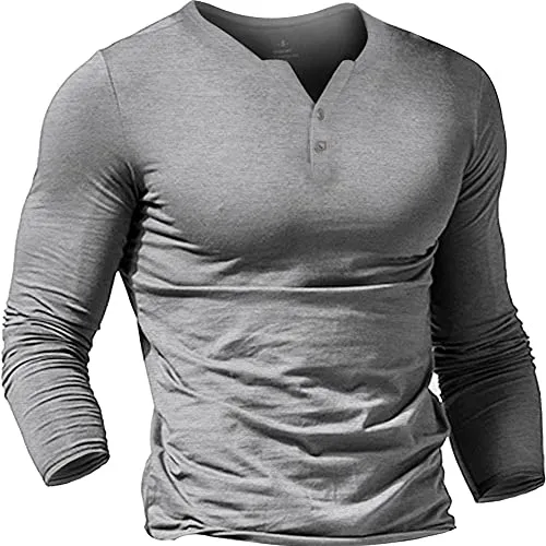 Herren Henley Lange Ärmel Shirt Muskeln Sweatshirts Fitness Hemden Grau S