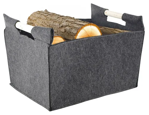 Kobolo Kaminholzkorb mit Holzgriffen - Kaminholzkörbe aus dunkelgrauem Filz, ideal zum dekorativen Lagern und Transportieren von Holz oder Utensilien, modern und praktisch.
