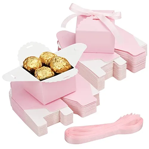 Belle Vous 60Stk Geschenkbox Klein Karton Box Set Pink mit Geschenkband - 6,5 x 6,5 x 4,5 cm Gastgeschenke Geburtstag Box Pappe – Party Geschenkbox Hochzeit, Geburtstag, Braut-/Babyparty