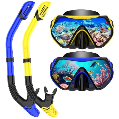 Schnorchelset Erwachsene, Schnorcheln Set mit Anti-Fog Taucherbrille und Dry Schnorchel, Professionelle Schnorchelmaske Tauchmaske aus Gehärtetem Glas für Schnorcheln