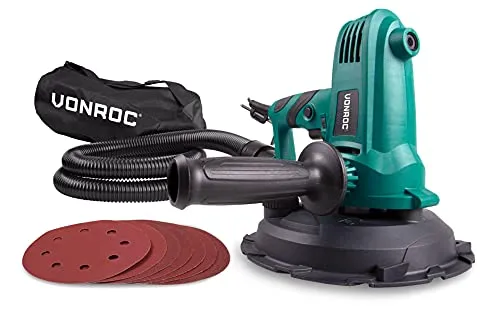 VONROC Trockenbau Schleifmaschine, Tellerschleifer 180mm, Trockenbauschleifer 750W - Tellerschleifmaschine mit Absaugung, Deckenschleifer, Wandschleifer Set inkl. 8 Schleifpapier