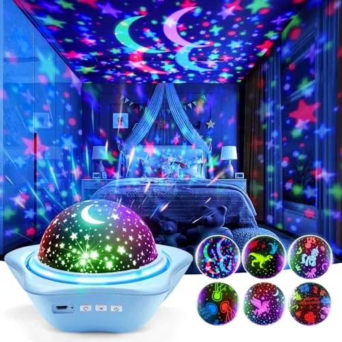 One Fire Sternenhimmel Projektor Kinder, 90 Lichtmodi & 6 Filme Sensorik Spielzeug für Autisten, 2400mAh Akku & 360° Drehung Nachtlicht Kinder, Baby Geschenke für Jungen/Mädchen, Kinderzimmer Deko