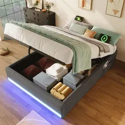 MODFU Polsterbett 90×200 Jugendbett mit LED und Aufbewahrungstaschen,mit USB und Typ-C,Stauraumbett ohne Kopfteil mit Lattenrost,Beige(mit Matratze) - Grau