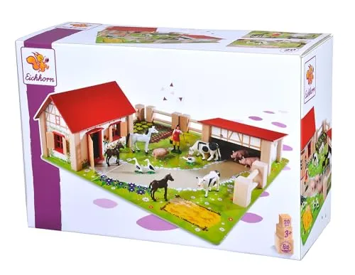 Eichhorn 100004304 - Kleiner Bauernhof, bestehend aus 2 Gebäuden, Spielplatte, Figuren, Tiere, Zäunen, 20-TLG., 36 x 39 cm, Buchenholz, ab 3 Jahren