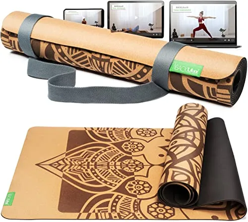BACKLAXX ® Yogamatte Kork mit Naturkautschuk - FAZ Testsieger 06/2025 - Sportmatte aus 100% natürlichem Kork und schadstofffreiem Naturkautschuk, rutschfest mit Anti-Rutsch-Zonen für optimalen Grip und inklusive Tragegurt.