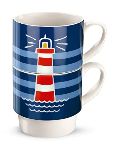 Stapeltasse Tasse Becher,2 teilig, Porzellan, maritim (Leuchtturm)