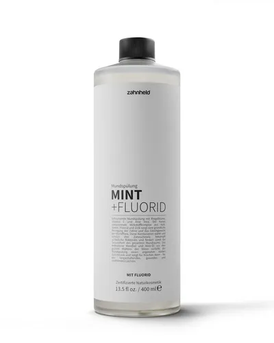 Zahnheld Mundspülung veganes Mundwasser Mint für gesundes Zahnfleisch & frischem Atem, (Minzgeschmack, Karies reduzierender Wirkstoffkomplex, 400ml) mit Fluorid, Ringelblume, Vitamin C, Aloe Vera, Xylit, Sorbit, Zink