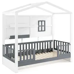 COSTWAY Hausbett 90x200cm, Kinderbett mit Rausfallschutz, 2 Regalen, Holzbett in Hausform mit Fenster & Lattenrost, Bodenbett, Weiß, Grau - Weiß/Grau