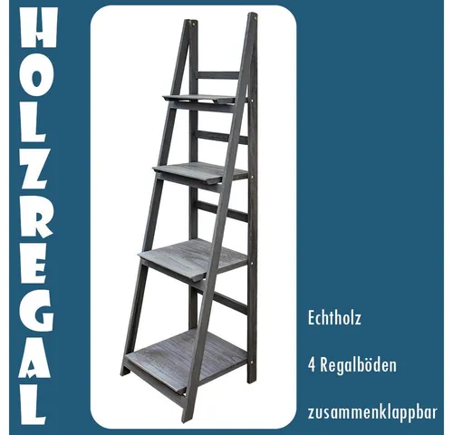 Kingpower Regal Leiterregal Holz - Modernes Wandregal für jeden Raum - Standregal aus Paulownienholz mit 4 Ablagen für viel Stauraum. Ideal für Deko, Pflanzen und Bücher. Einfach aufklappbar und platzsparend verstaut.