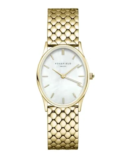 ROSEFIELD Quarzuhr Oval Goldfarben/Perlmutt - Elegante Armbanduhr für Frauen mit japanischem Quarzwerk, perlmuttfarbenem Zifferblatt und kratzunempfindlichem Mineralglas, ideal für stilbewusste Trägerinnen.