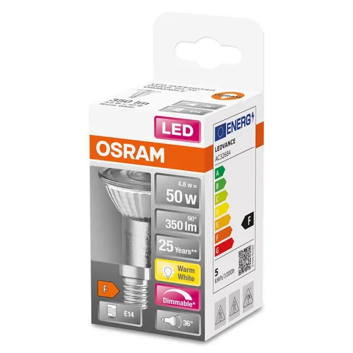 OSRAM LED SUPERSTAR PAR16 E14 4,8W - Energiesparlampe mit 350 lm und warmweißem Licht (2700K), dimmbar und ideal für wirtschaftliche Spotbeleuchtung in Geschäften und Wohnräumen.