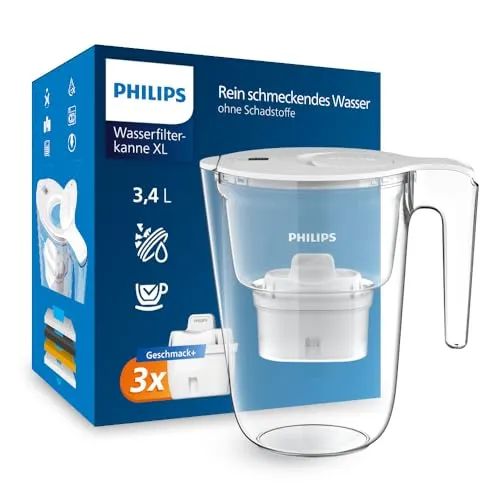 Philips Wasserfilterkanne XL +3 Geschmack+ Ersatzfilterkartuschen - Filterkanne für Trinkwasser mit 3,4 Litern Kapazität, schneller Wasserdurchfluss und digitalem Timer für optimalen Filterwechsel. Ideal für Familien und Büros, reduziert schädliche Substanzen und spart Plastikflaschen.