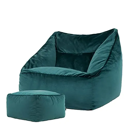 Icon Natalia Sitzsack Sessel mit Hocker, Blaugrün - Sitzsäcke, luxuriöser Samtstoff für ultimativen Komfort und stilvolles Design, perfekt für Wohnzimmer, Lounge oder Büro.