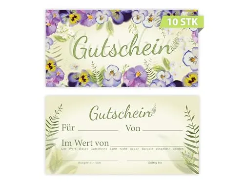 Geschenkgutscheine DIN lang plus (21 x 10,5 cm) Design Motiv Natur Veilchen Blumen. Blanko Gutscheine zum Ausfüllen Gutschein Geschenk Karte für Massage Wellness Kosmetik Nagelstudio Spa Beauty 10