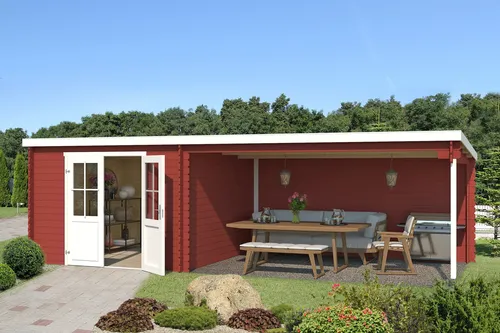 Gartenhaus Blockhaus Pultdach St Louis rot 701x312 cm - Gartenhaus aus 28 mm Blockbohlen mit Pultdach, ideal für Gartenliebhaber. Abschließbar und mit 8.2 m² Nutzfläche bietet es sicheren Stauraum und zusätzlichen Freisitz.