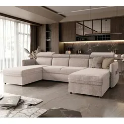 Ecksofa Beni mit Schlaffunktion Couchgarnitur Ecke Bettcouch Sofa mit Relaxfunktion und Kopfstützen Eckcouch Wohnzimmer Bettsofa U-Form Poso 100 B... - Beige