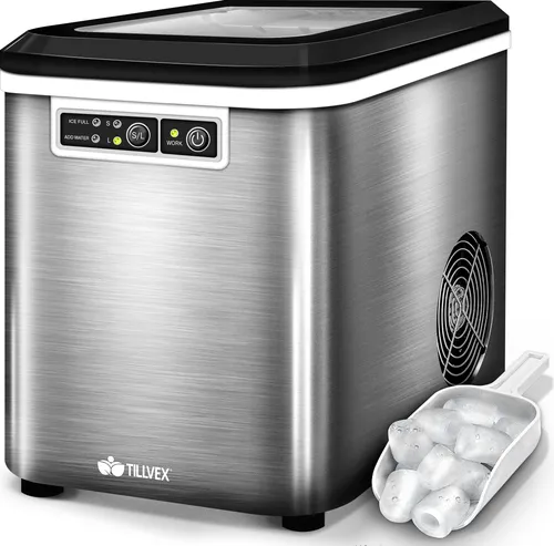 tillvex Eiswürfelmaschine Silber Eiswürfelbereiter Edelstahl Eismaschine Icemaker 2,2L