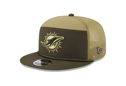New Era 9Fifty Split Panel Cap - SALUTE Miami Dolphins - Stylische Snapback für Herren in Oliv, ideal für Freizeitaktivitäten. Hoher Tragekomfort durch 97% Polyester und 3% Elasthan. Perfekt für Sportfans!