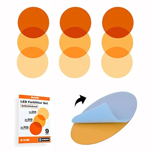 KROPP Selbstklebende Farbfolien für LED Lampen - 9 Stück - Filter für Studiobeleuchtung, selbstklebend und einfach anzubringen, ideal zur Farbkorrektur von Tageslicht zu Glühlicht für eine gemütliche Atmosphäre.