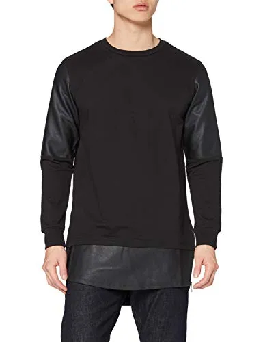 Urban Classics Herren Sweatshirt Long Zipped Leather Imitation Crewneck, Gr. Medium, Schwarz (blk/blk 17)