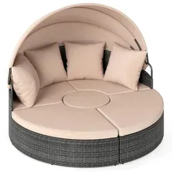 COSTWAY Sonneninsel Gartenliege mit Dach – Runde Polyrattan Liege für 2 Personen - Genießen Sie Sonne oder Schatten mit dieser eleganten Sonneninsel. Hochwertiges PE-Rattan und ein stabiler Metallrahmen sorgen für Langlebigkeit und Komfort. Perfekt für entspannte Stunden im Garten oder am Pool.