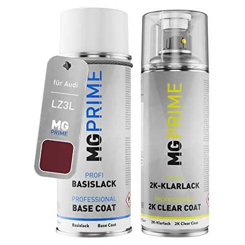 MG PRIME Autolack 2K Spraydosen Set für Audi LZ3L / Z3L / 7H Hibiskusrot Perleffekt/Hibiscus Red Pearl Basislack 2 Komponenten Klarlack Sprühdose
