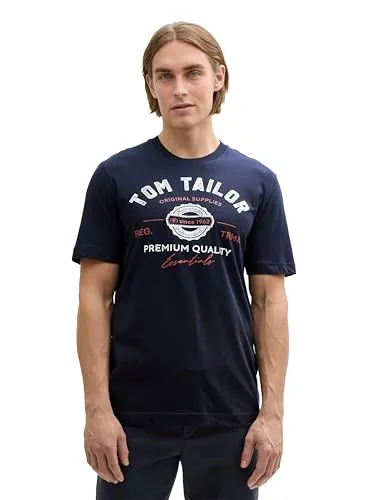 TOM TAILOR Herren T-Shirt mit Logo-Print aus Baumwolle, sky captain blue, M