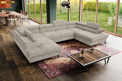 Produktbild MargaretHadas24 Ecksofa U Form Palermo mit Schlaffunktion, Bettzeugablage 345x202cm Big Sofa Couch, Verstellbare Kopfstützen Sofa XXL, 5 Sitzer, beige