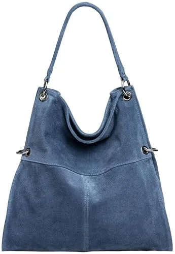 Caspar Große Vintage Leder Schultertasche Damen - Modell No.805, Jeans Blau, Premium Qualität - Stilvolle Damen Schultertasche aus weichem Wildleder im Vintage Design. Praktisch für A4-Unterlagen, verstellbarer Schultergurt bis 1,20m. Handgefertigt in Italien, ideal für jeden Anlass.