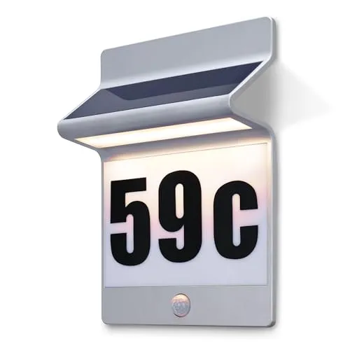 esotec LED Außen-Wandleuchte Solar PIR Hausnummernleuchte ALU LINE - Moderne Solar-Hausnummernleuchte aus wetterfestem Aluminium, mit PIR-Sensor für automatische Helligkeitsanpassung. Bietet warm- oder kaltweißes Licht und einfache Montage – ideal für Sichtbarkeit und Sicherheit.