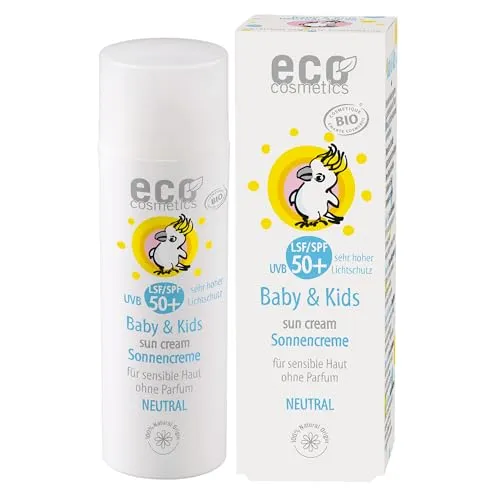 Eco Cosmetics Baby & Kids Neutral Sonnencreme LSF50+ - Sonnenpflege für Babys und Kinder mit sehr hohem Lichtschutz LSF 50+. Wasserfest und ideal für sensible Haut, pflegt mit Vitamin E und Schwarzkümmelöl.