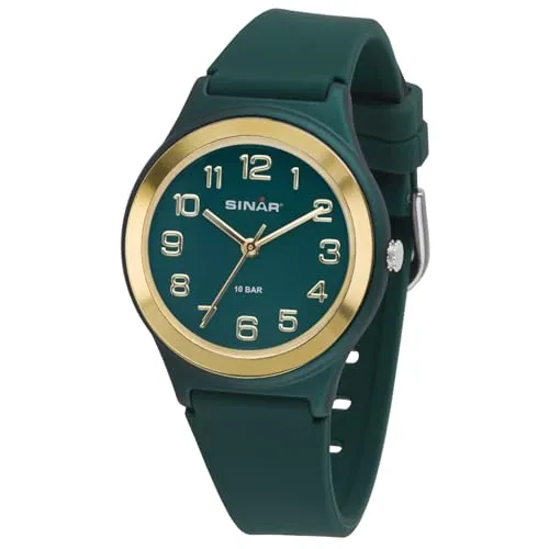 SINAR Unisex Armbanduhr XB-48-6 - Sportliche Jugend Armbanduhr in Tannengrün mit 10 Bar Wasserdichtigkeit, ideal zum Schwimmen. Weiches Silikonband mit verstellbarer Länge für optimalen Tragekomfort.