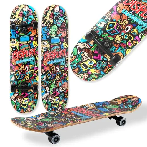 WeLLIFE Skateboard für Anfänger, 80x20cm Holz Skateboard Kinder, Jugendliche Erwachsene,ABEC-9 Kugellager, 9 Schichten Ahorn Double Kick Skate Concave Trick (DBL460)