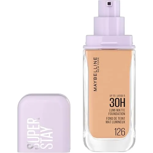 Maybelline New York 30H Lumi Matte Foundation, Langanhaltend ultra-frischer Look mit mattem Finish, Aufbaubare & lichtreflektierende Foundation, Farbe: 126 Mittel, Kühl, Superstay