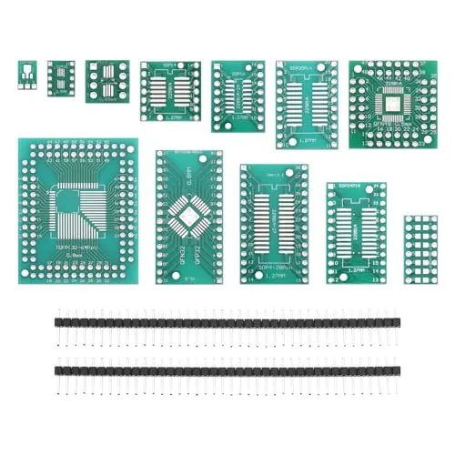 eMagTech 51 Stück 12 Arten SMD auf DIP Adapterplatinen Kit SOP8 SOP10 SOP14 SOP16 SOP20 SOP24 SOP28 0402/0603/0805 SMT SOT89/SOT223 TQFP100 QFN32 QFN4 46/58 mit 40 Stück 2,54 mm Stiftleiste