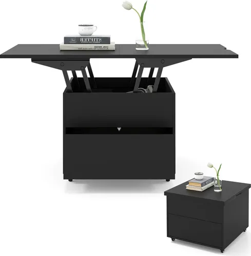 COSTWAY 3-in-1 Couchtisch mit Schublade und Rollen, höhenverstellbar, Schwarz
