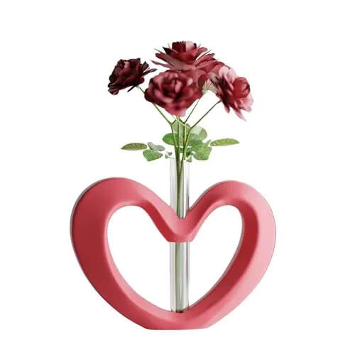 Shapes - Decorations Herz Vase Modern, Recycelter Kunststoff, Minimalistische Tischvase mit Glasröhrchen für Einzelblume, Matt Finish, 18 x 13 cm, Wasserdicht, Valentinstag (Rosa)
