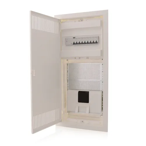 Kombi Multimediaverteiler & Sicherungskasten Unterputz 4-reihig m. 1 DIN Schiene