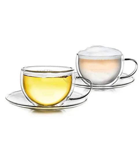 Creano Thermo-Tasse doppelwandige Tee-/Latte Macchiato Cappuccino Tasse mit Untersetzer 250ml, 2er Set