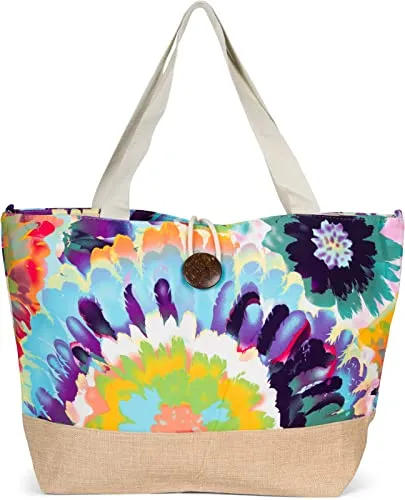 styleBREAKER XXL Strandtasche mit buntem Blumen Print - Damen-Shopper in Türkis-Violett-Rot, ideal für Strand und City, bietet viel Stauraum und ist bequem mit breiten Stoffhenkeln zu tragen.