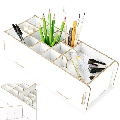 clipfritz - Stifte Organizer aus Holz in Weiß (ca.14x32cm) - Aufbewahrung und Ordnung für Schreibtisch - Stiftehalter für Kinder und Erwachsene - Stiftebox/Stiftebehälter für Büro und Homeoffice