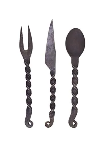 Battle-Merchant - Geschmiedetes Essbesteck- 3-teilig Messer, Gabel, Löffel mit Ledertasche - Dekoration - Besteck Mittelalter - Wikinger - LARP