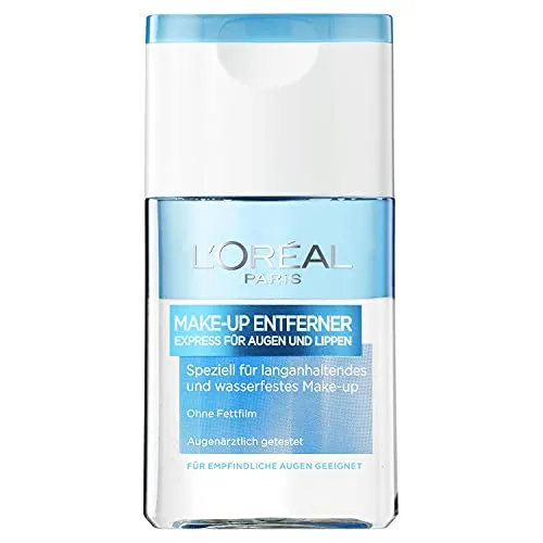 L'Oréal Paris Augen-Make-Up-Entferner 125ml - Make-up-Reinigungswasser für gründliche und sanfte Entfernung von wasserfestem Make-up, ideal für empfindliche Augen und Kontaktlinsenträger. Erlebt ein belebendes Frischegefühl ohne Fettfilm.