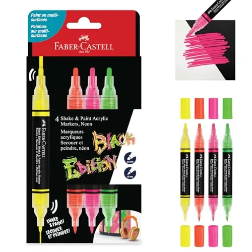 Faber-Castell 285505 Black Edition Shake & Paint Neon Acrylmarker, 4er-Set, Dualspitze 3 mm & 1 mm, wasserfest, geeignet für verschiedene Oberflächen, lebendige, langanhaltende Farben